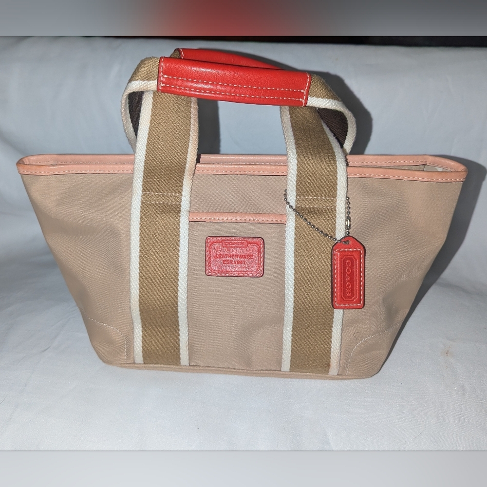 Coach Beige Canvas Tote with Coral Trim and Red Tag